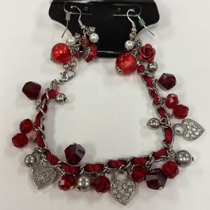 Red bead, rose, and gems‎ dangle earrings and charm bracelet set